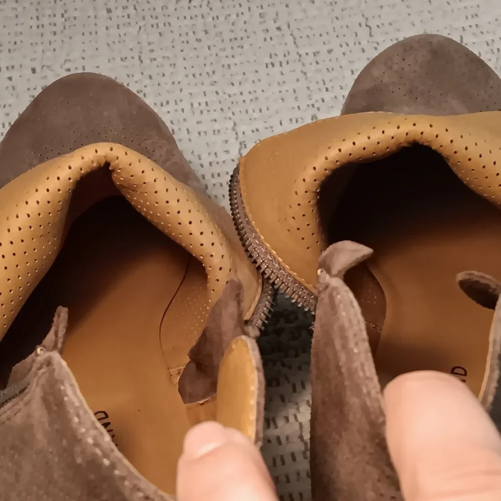 READ! Lucky Brand women's perforated suede leather double zipper ankle booties